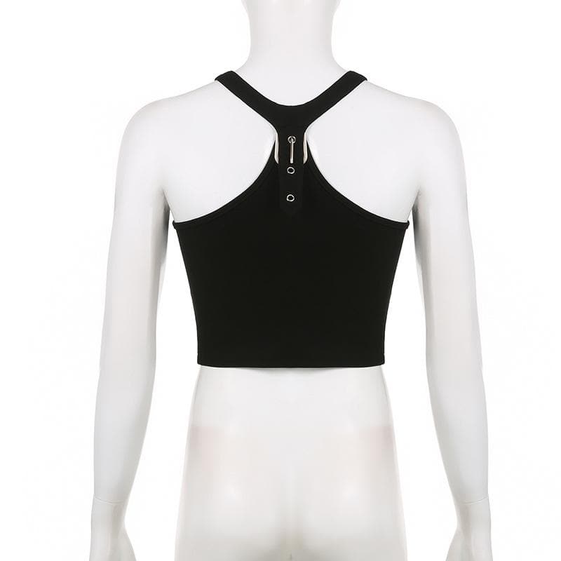 Star pattern sleeveless buckle contrast crop top