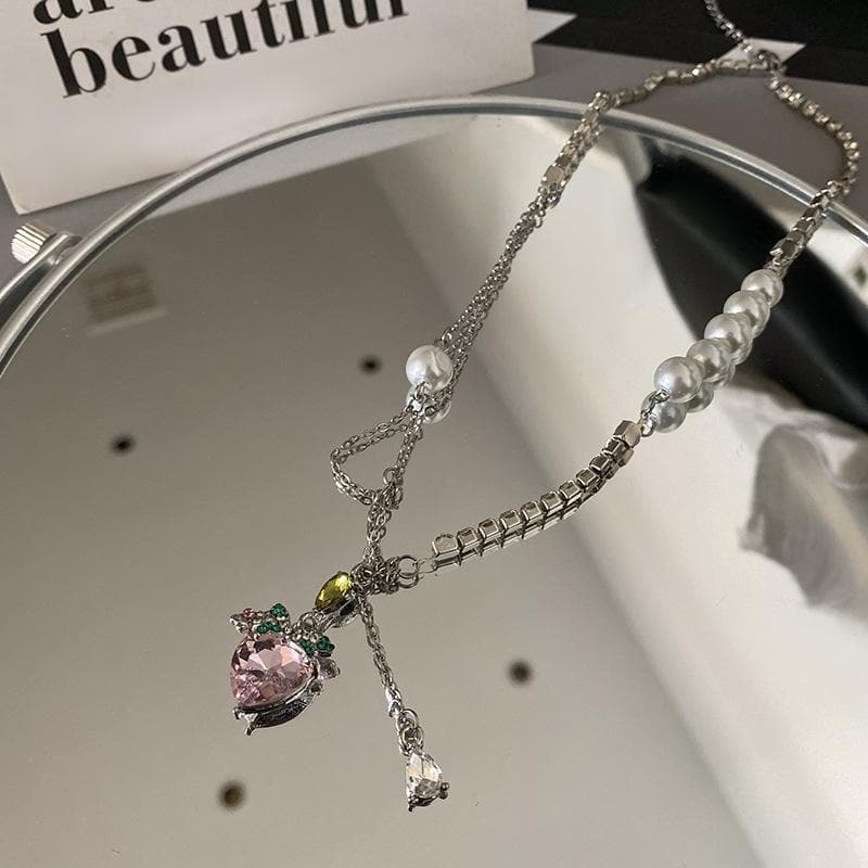 Multicolor Heart Pendant Faux Pearl Choker Necklace