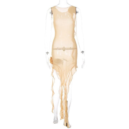 Ärmelloses Midikleid aus transparentem Netzstoff mit Rüschen und Blumenapplikation