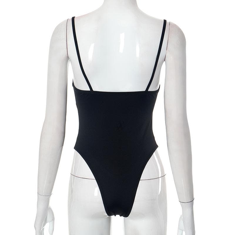 Button hollow out solid backless cami bodysuit