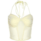 Halter self tie mesh backless ruched corset solid crop top
