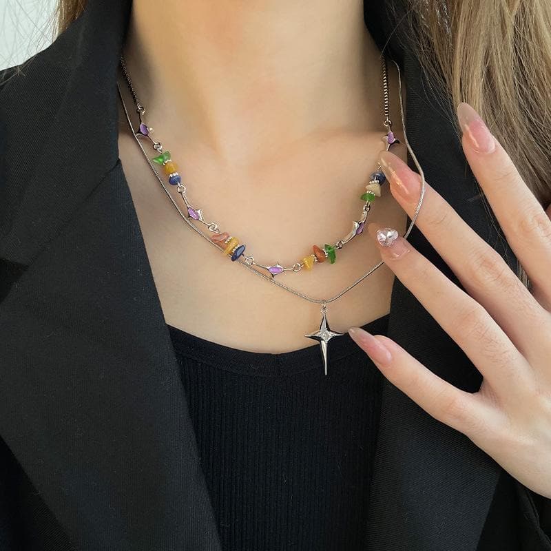 Multicolor Stone Star Pendant 2 Pcs Choker Necklace