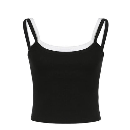 Sleeveless square neck patchwork contrast crop top