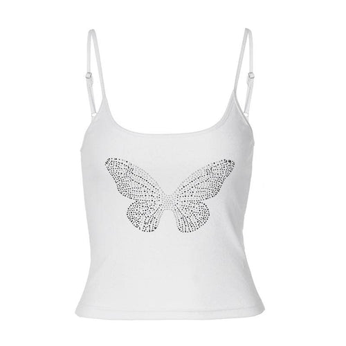 Rückenfreies, kurzes Camisole-Top mit U-Ausschnitt und Schmetterlingsmuster und Perlen 