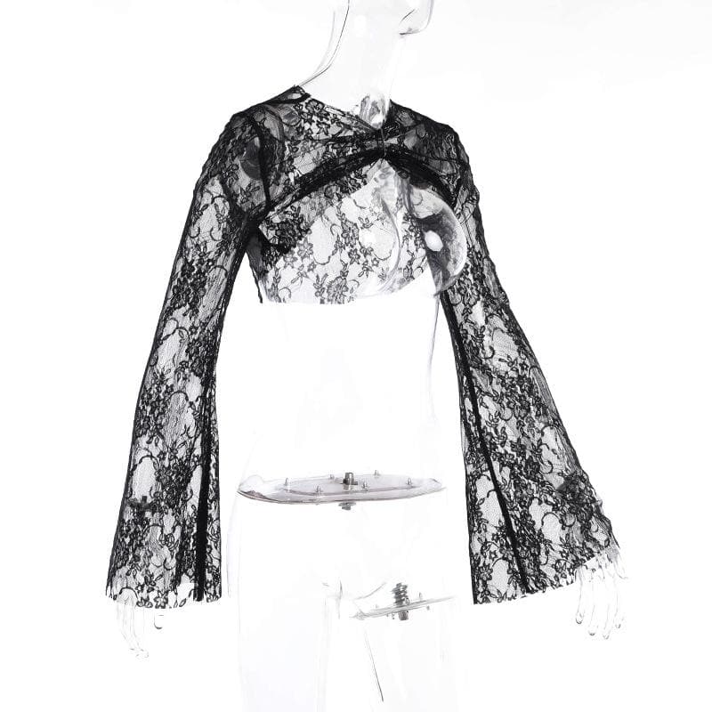 Flared sleeve ruched lace solid shrug top