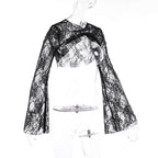 Flared sleeve ruched lace solid shrug top
