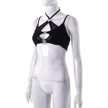 Top corto in rete con scollo a V, senza schienale, in patchwork e con scollo a V