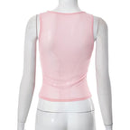 Sheer mesh see through bowknot sleeveless crewneck top