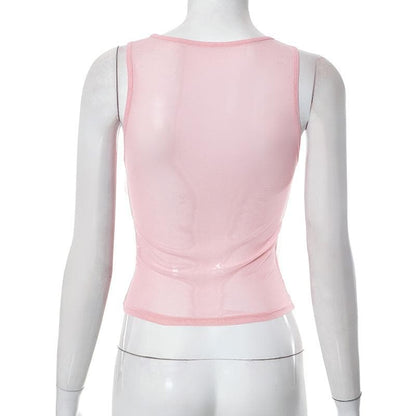 Sheer mesh see through bowknot sleeveless crewneck top