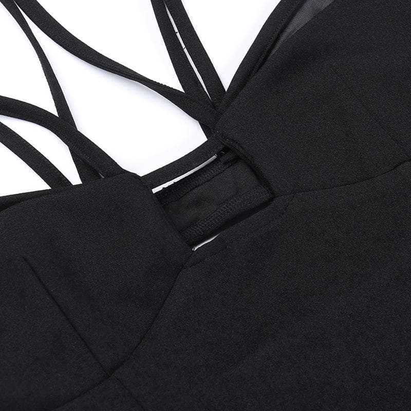 Mesh solid patchwork backless hollow out crop top