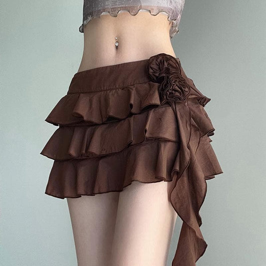 Flower applique ruffle zip-up ribbon solid mini skirt