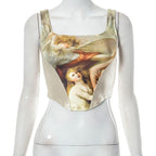 Abstract Print Square Neck Contrast Sleeveless Backless Crop Top