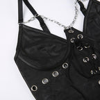 Metal chain lace up mesh low cut backless bodysuit
