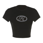 Top corto a maniche corte con scollo rotondo e ricamo "R" 
