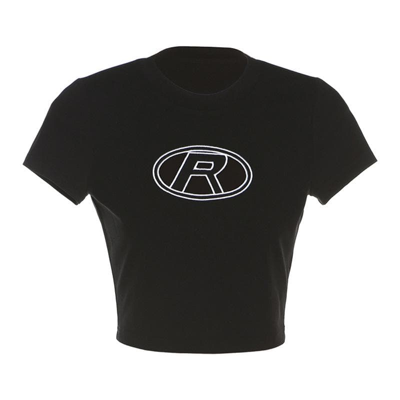 Top corto a maniche corte con scollo rotondo e ricamo "R" 