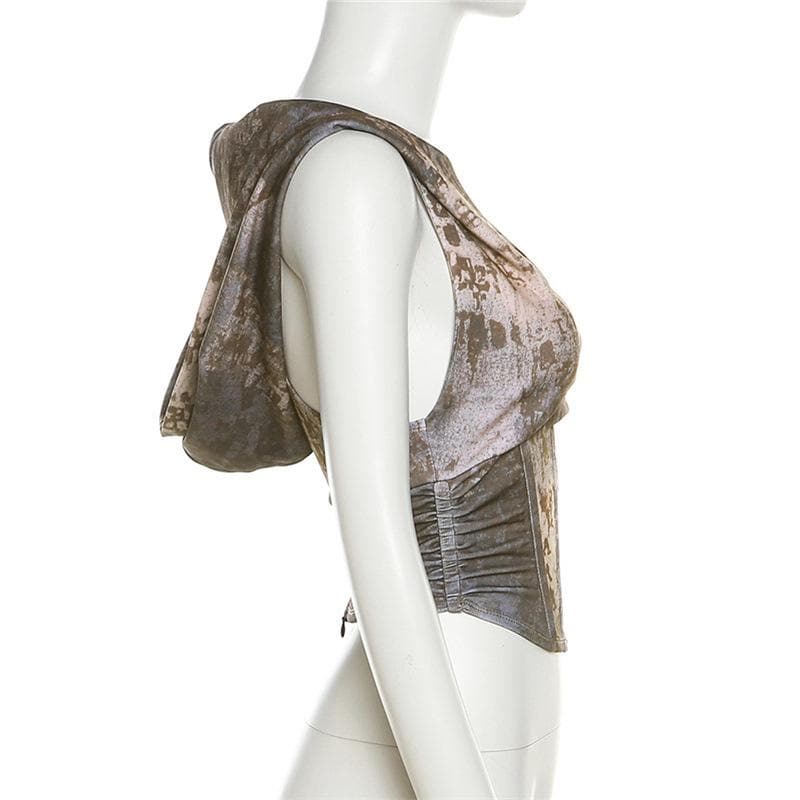 Felpa con cappuccio, senza maniche, con zip, corsetto, top corto arricciato a contrasto 
