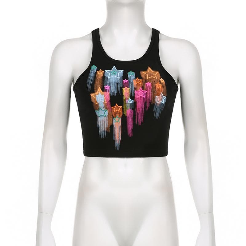 Star pattern sleeveless buckle contrast crop top