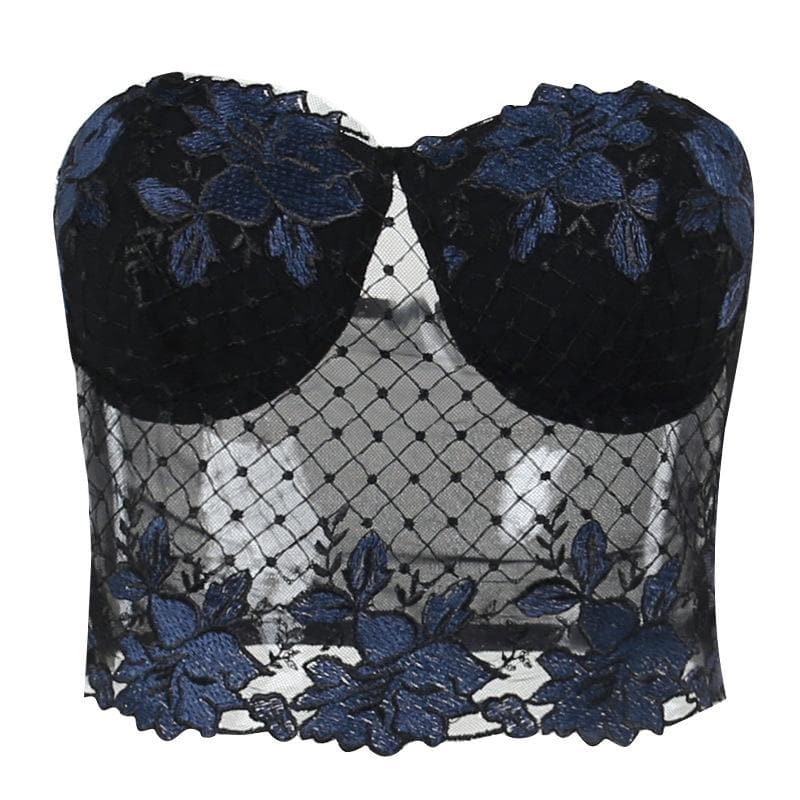 Backless contrast lace embroidery tube crop top