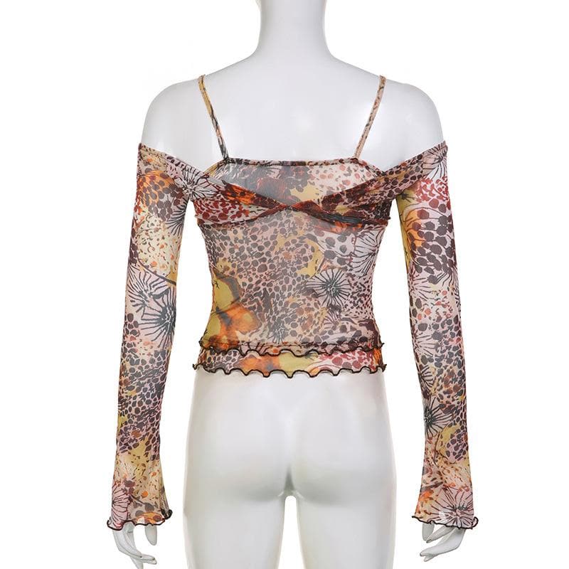 Sheer mesh button off shoulder long sleeve ruffle top