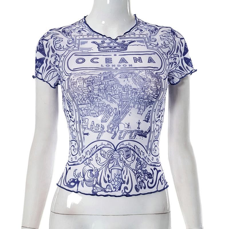 Short sleeve ruffle sheer mesh see through abstract top