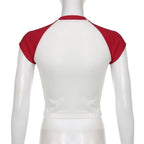 Cherry pattern patchwork contrast cap sleeve crewneck crop top