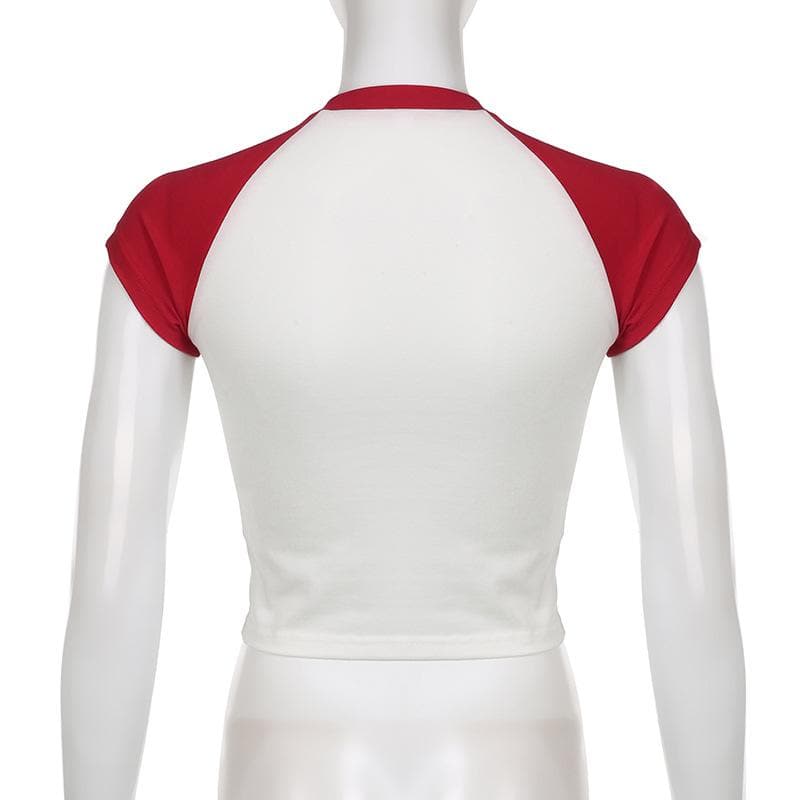 Cherry pattern patchwork contrast cap sleeve crewneck crop top