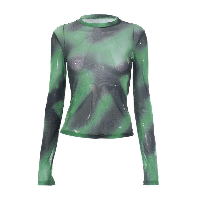 Maglia a rete trasparente con stampa tie-dye a maniche lunghe e scollo rotondo a contrasto 