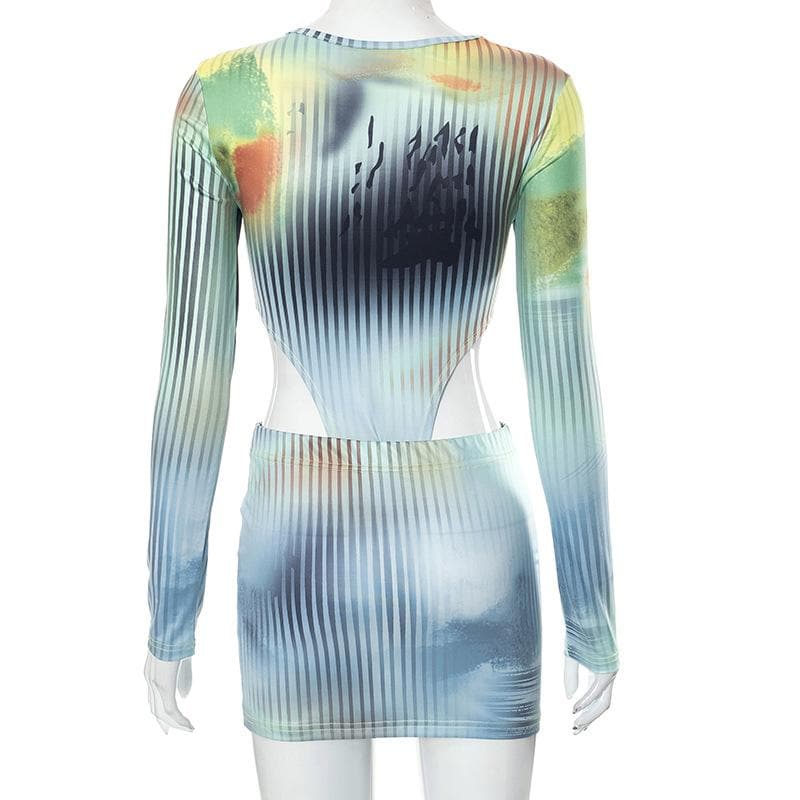 Striped long sleeve crewneck contrast bodysuit mini skirt set