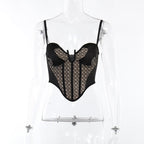 Textured contrast notch neck patchwork backless cami crop top