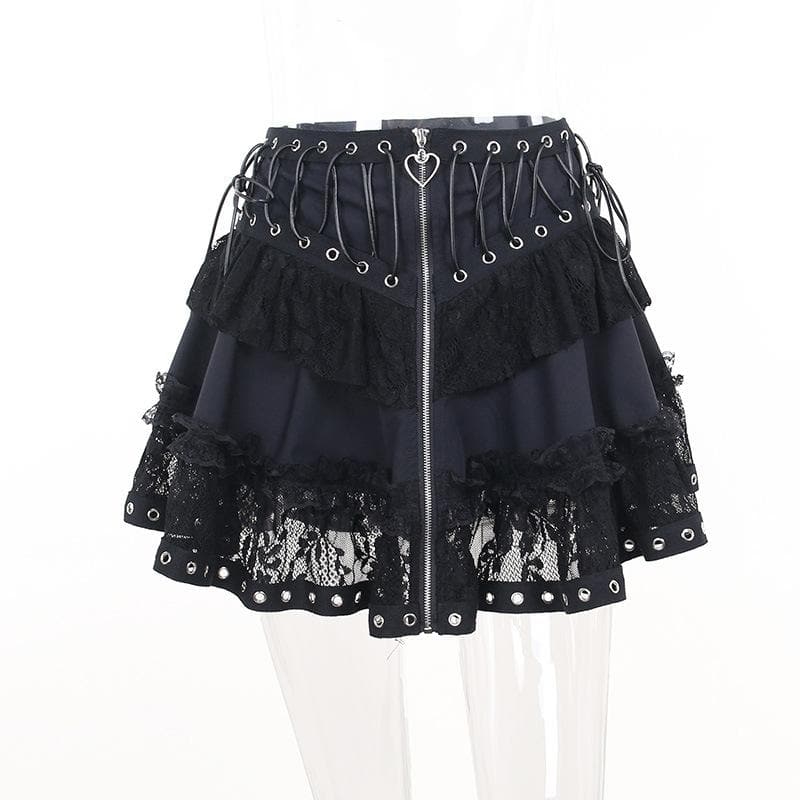 Zip-up lace up patchwork lace ruffle mini skirt