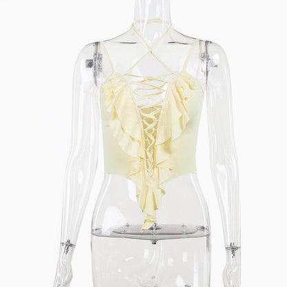 Crop Top mit überkreuzter Vorderseite, ausgehöhlt, einfarbig, Neckholder, Schnürung und Rüschen 