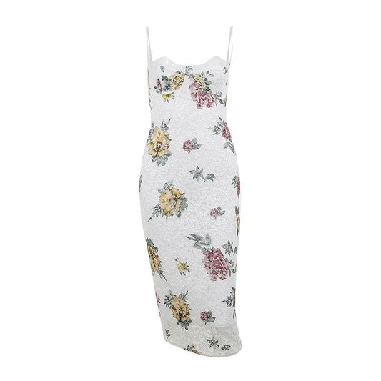 Rückenfreies Camisole-Midikleid mit Spitzen-Blumenmuster und Kontrastknöpfen 