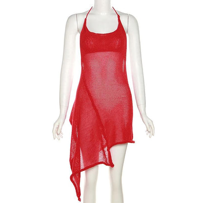 Gehäkeltes, durchsichtiges Neckholder-Minikleid zum Selbstbinden, unregelmäßig, einfarbig, rückenfrei 