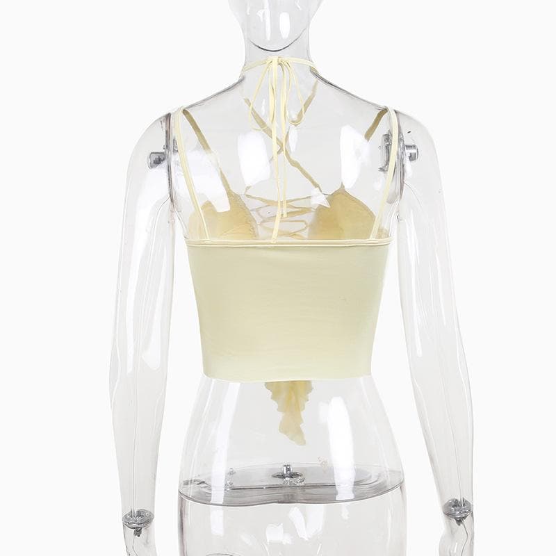 Crop Top mit überkreuzter Vorderseite, ausgehöhlt, einfarbig, Neckholder, Schnürung und Rüschen 
