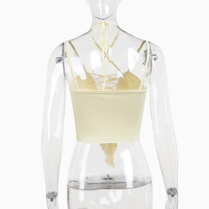 Crop Top mit überkreuzter Vorderseite, ausgehöhlt, einfarbig, Neckholder, Schnürung und Rüschen 