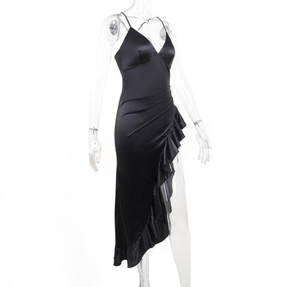 Midikleid mit Rüschen, V-Ausschnitt und unregelmäßigem Kreuzrücken