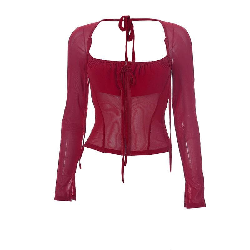 Top corto a maniche lunghe con scollo quadrato e coulisse in rete con bottoni