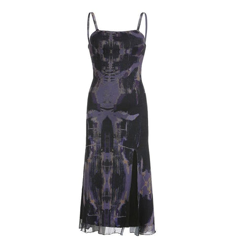 Rückenfreies Midikleid aus Netzstoff mit Batikmuster, quadratischem Ausschnitt, Schlitz und Rüschen