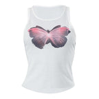 Butterfly pattern ribbed sleeveless contrast round neck top