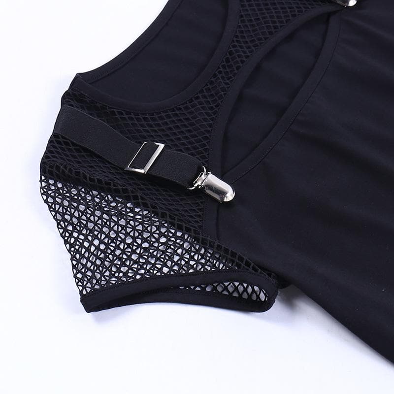 Short sleeve crewneck hollow out fishnet buckle solid top