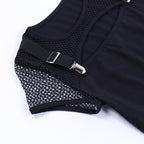 Short sleeve crewneck hollow out fishnet buckle solid top