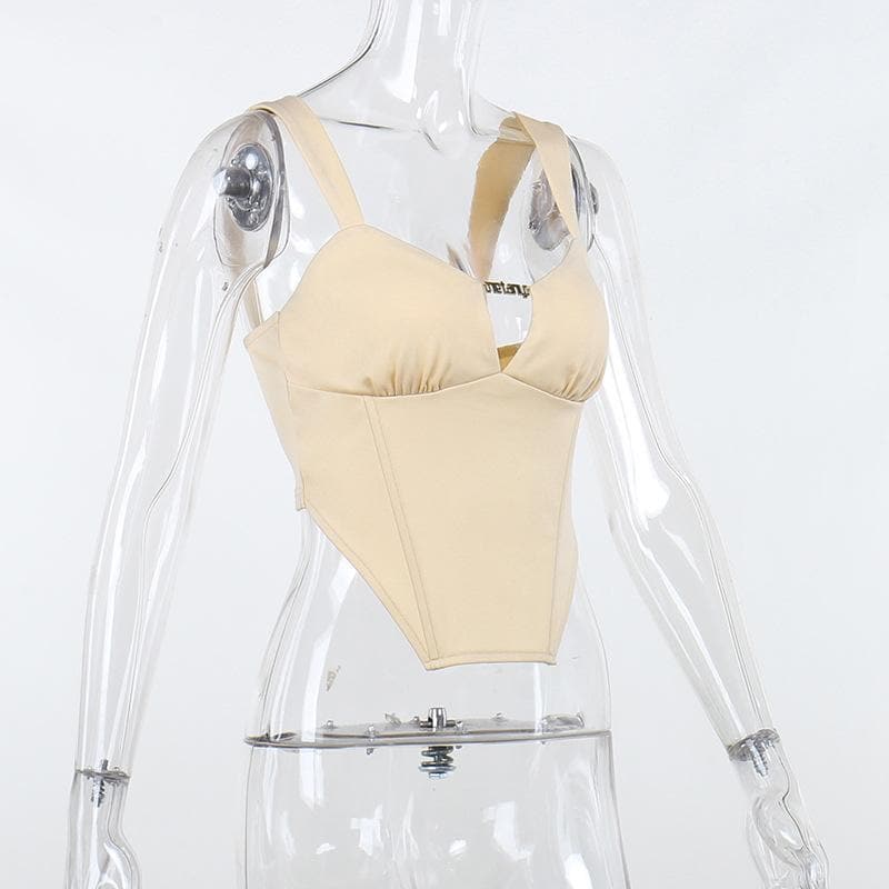 Sleeveless solid metal tag notch neck backless crop top