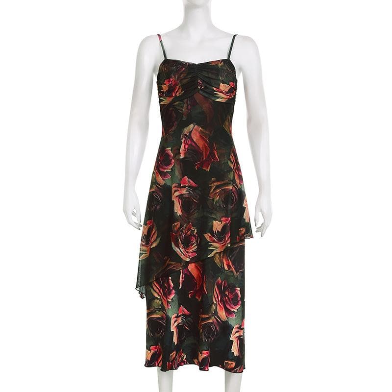 Rückenfreies, unregelmäßiges Camisole-Midikleid mit Blumenmuster und Kontrastraffung 
