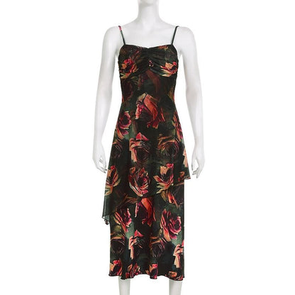 Rückenfreies, unregelmäßiges Camisole-Midikleid mit Blumenmuster und Kontrastraffung 