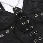 Metal chain lace up mesh low cut backless bodysuit