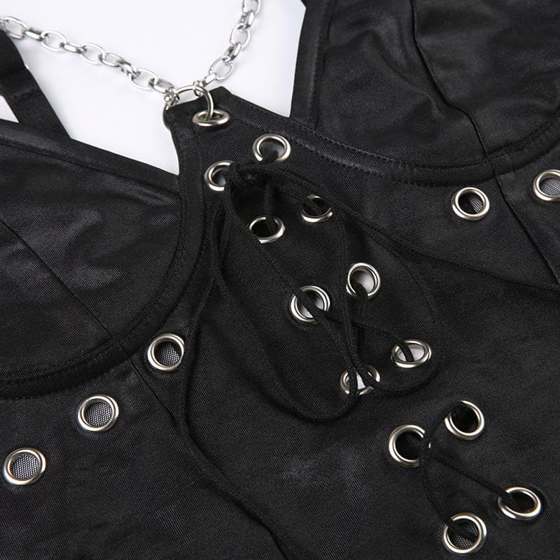 Metal chain lace up mesh low cut backless bodysuit