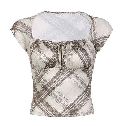 Cap sleeve contrast plaid ruched square neck crop top