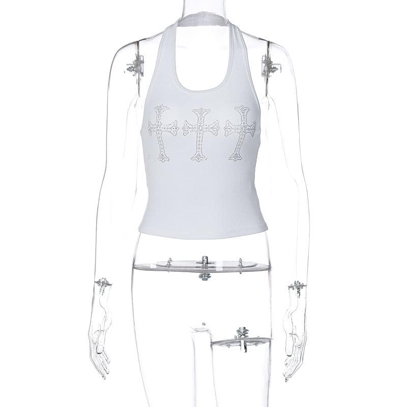 Halter backless cross beaded u neck sleeveless crop top