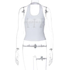 Halter backless cross beaded u neck sleeveless crop top