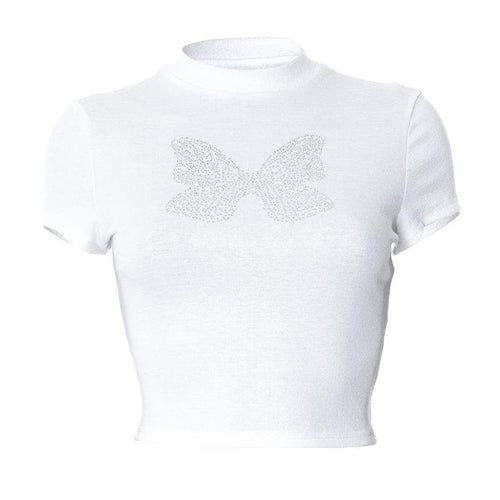 Kurzärmliges Crop-Top mit Rundhalsausschnitt und Schmetterlingsperlen